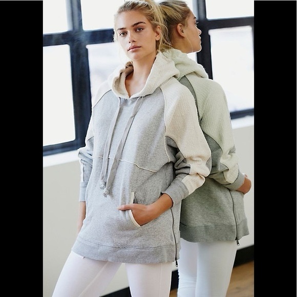 free people movement Sweaters - Free People "Trademark Hoodie" charcoal grey and textured off-white patchwork